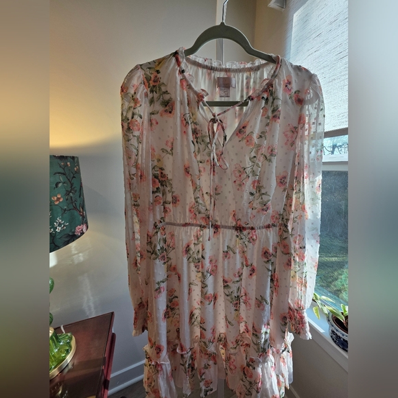 Floral Tie-Neck Long Sleeve Midi Dress - Blush Floral - Picture 10 of 11